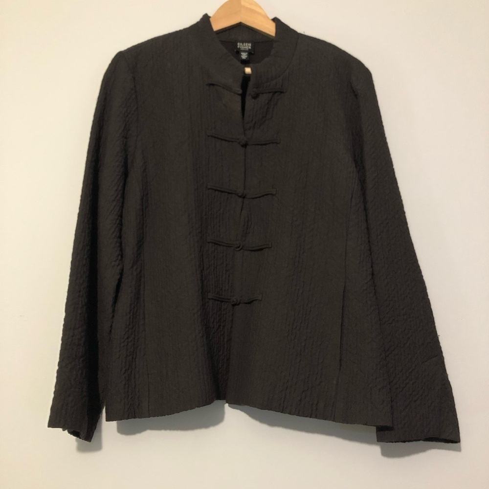 Vintage Eileen Fisher Brown Textured Frog Front Mandarin Jacket Petite Large
